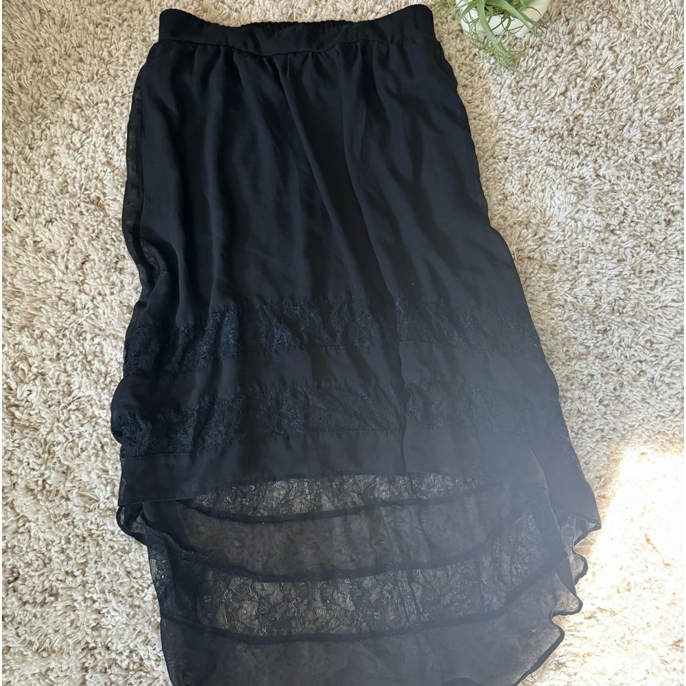Vintage vanity, 2000s Y2K high low maxi, black bohemian boho indie skirt